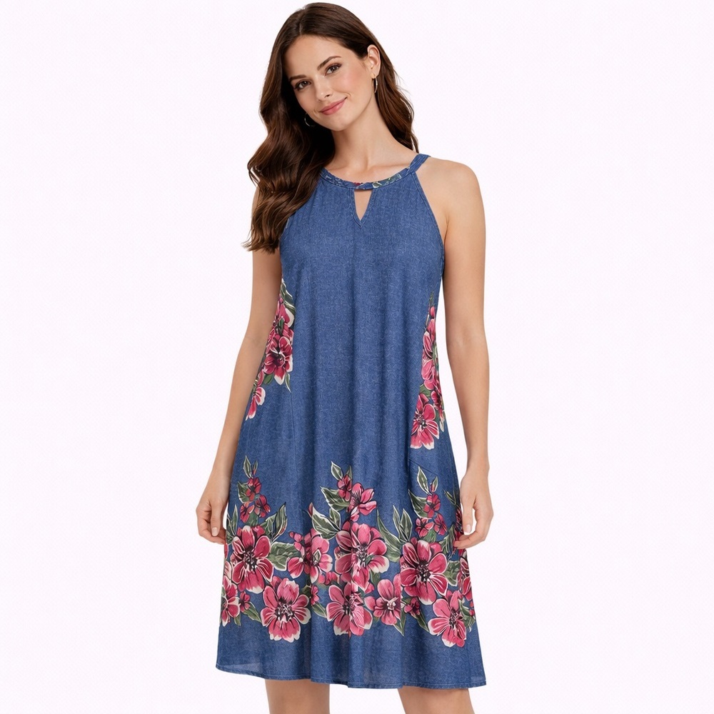 Boutique Sol RHR Dress Size L Blue Floral Cold Shoulder